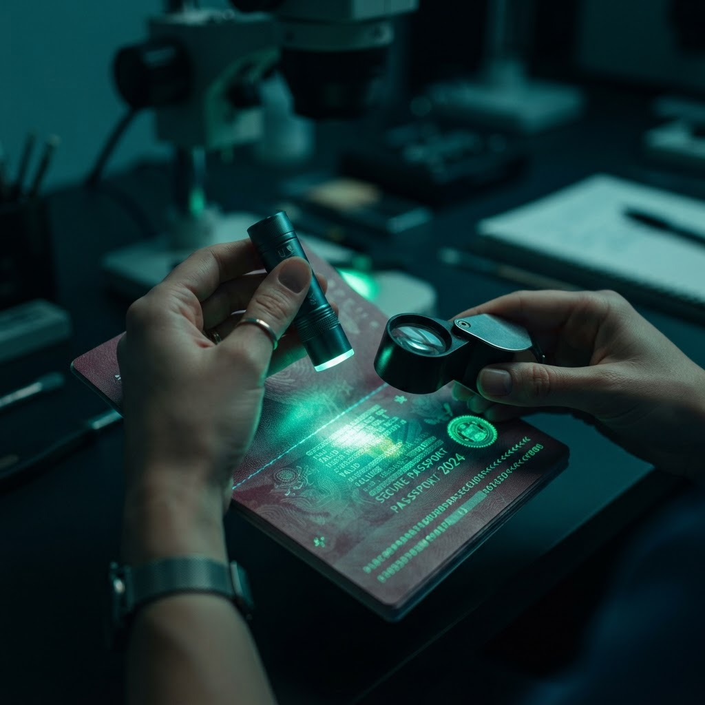 Forensic examination of an identity document under ultraviolet light