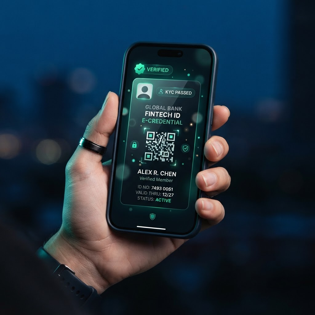 A smartphone displaying a verified digital credential with a QR code