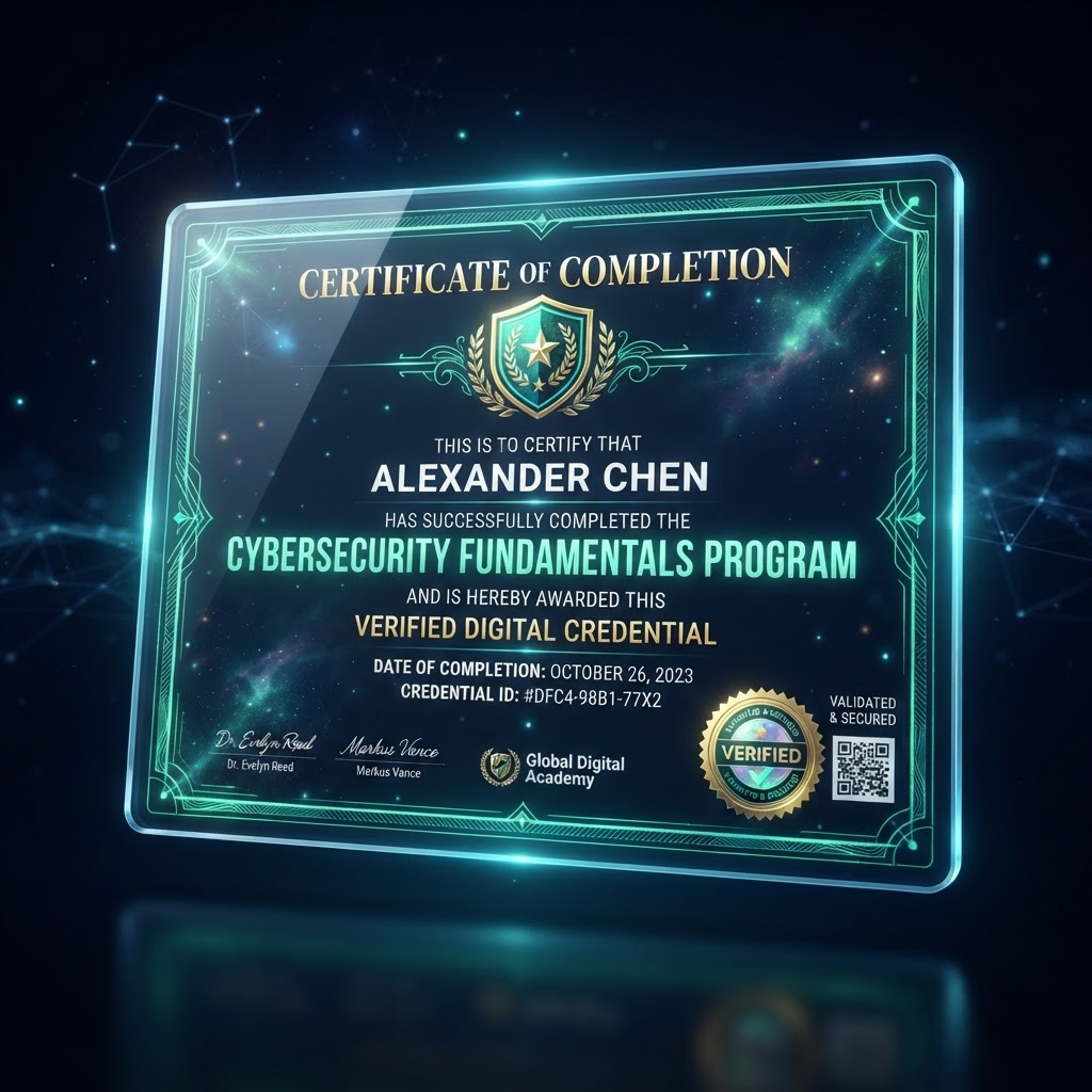 An elegant Nexus digital certificate of completion with a gold verification seal and QR code