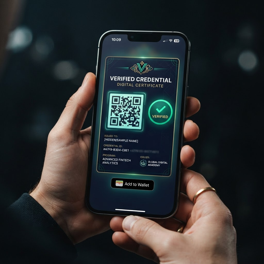 A smartphone showing a Nexus digital certificate with a scannable QR code and an add-to-wallet option